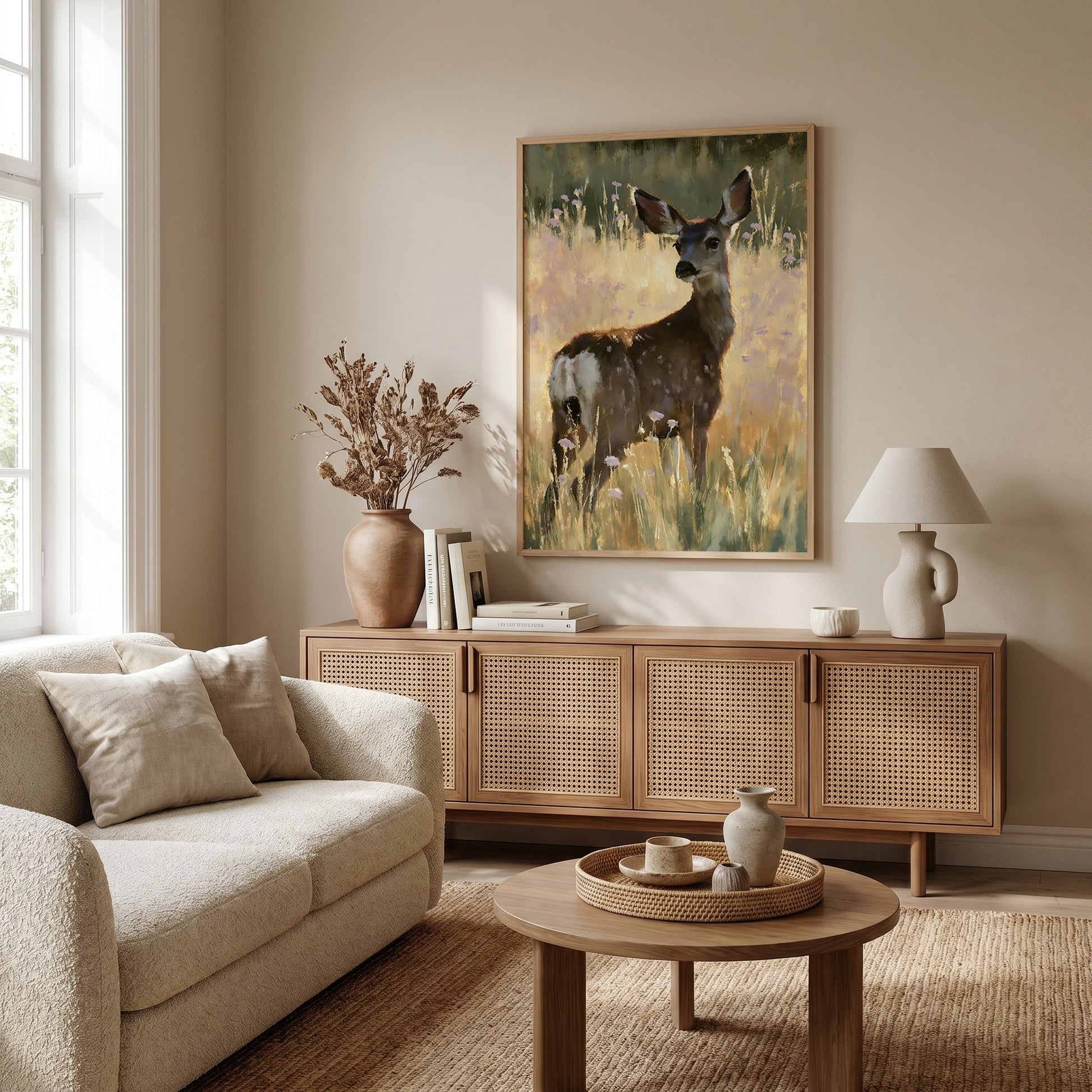a serene living room with a large painting of a deer standing in a field of tall grass. The room is furnished with a beige sofa, a wooden sideboard, and a round coffee table. The overall decor has a warm and inviting feel, with a focus on natural elements and a harmonious color palette.