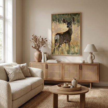 a serene living room with a large painting of a deer standing in a field of tall grass. The room is furnished with a beige sofa, a wooden sideboard, and a round coffee table. The overall decor has a warm and inviting feel, with a focus on natural elements and a harmonious color palette.