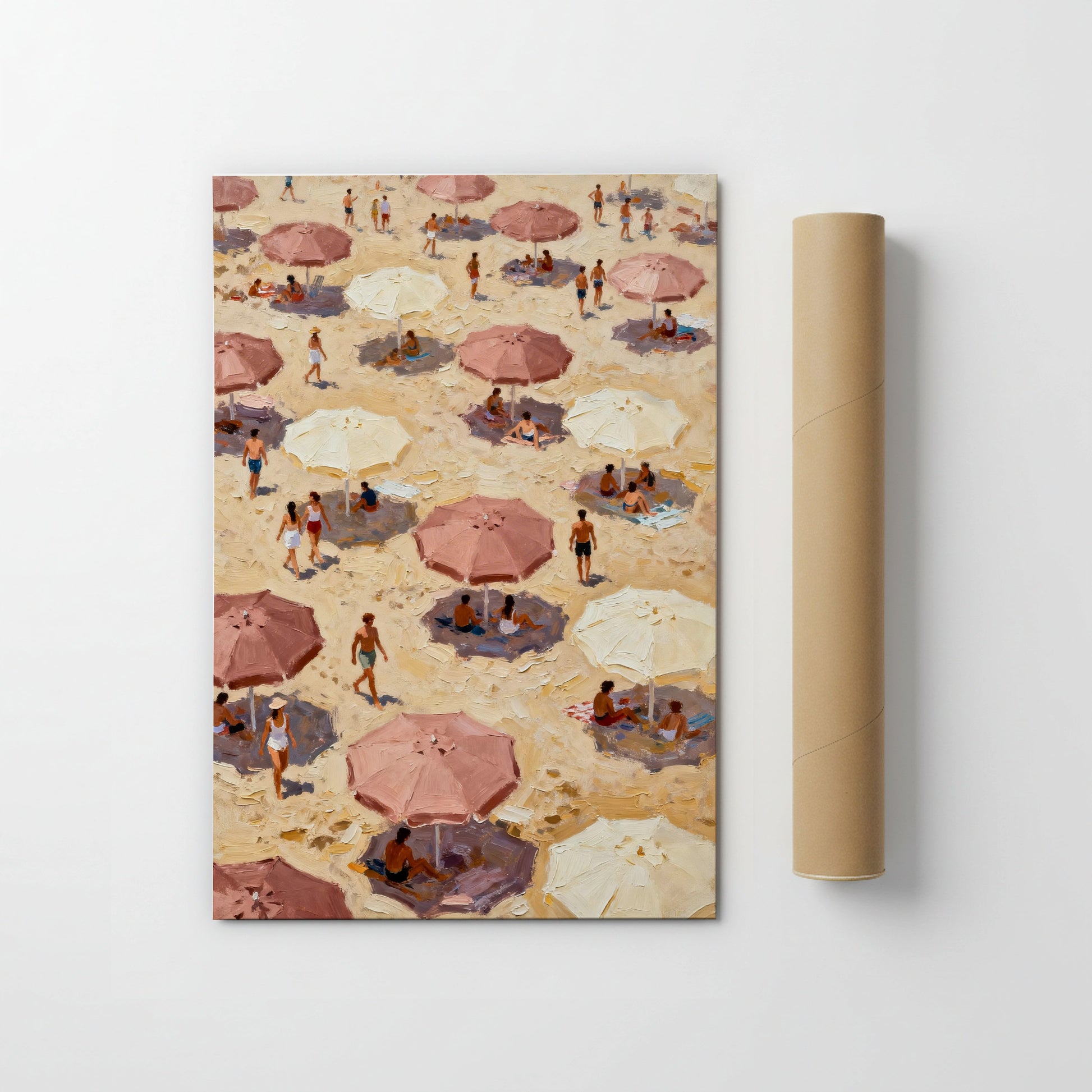 The image is a painting depicting a crowded beach scene with numerous people and umbrellas.