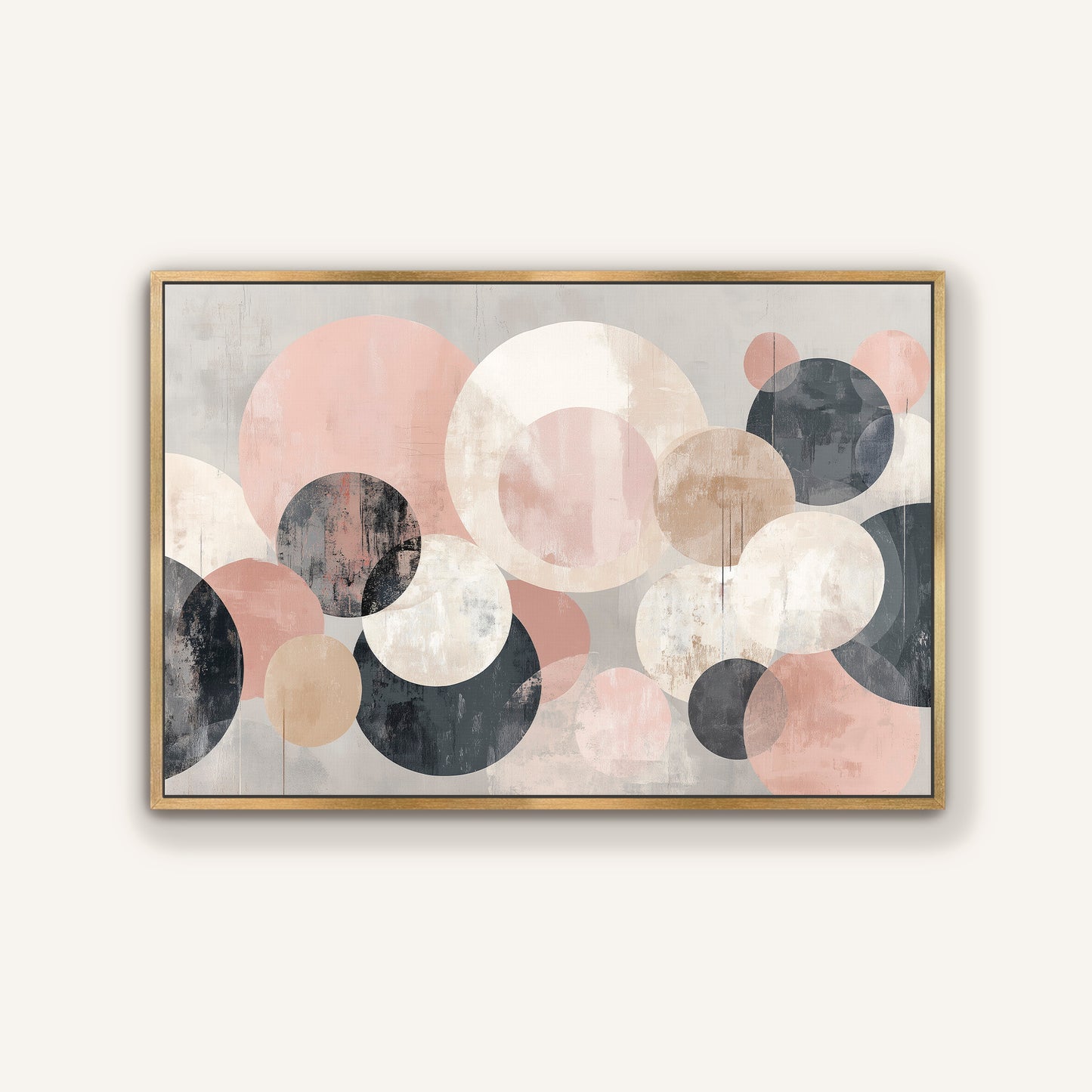 The image is a framed abstract art piece featuring a variety of overlapping circles in different shades of pink, gray, and black.