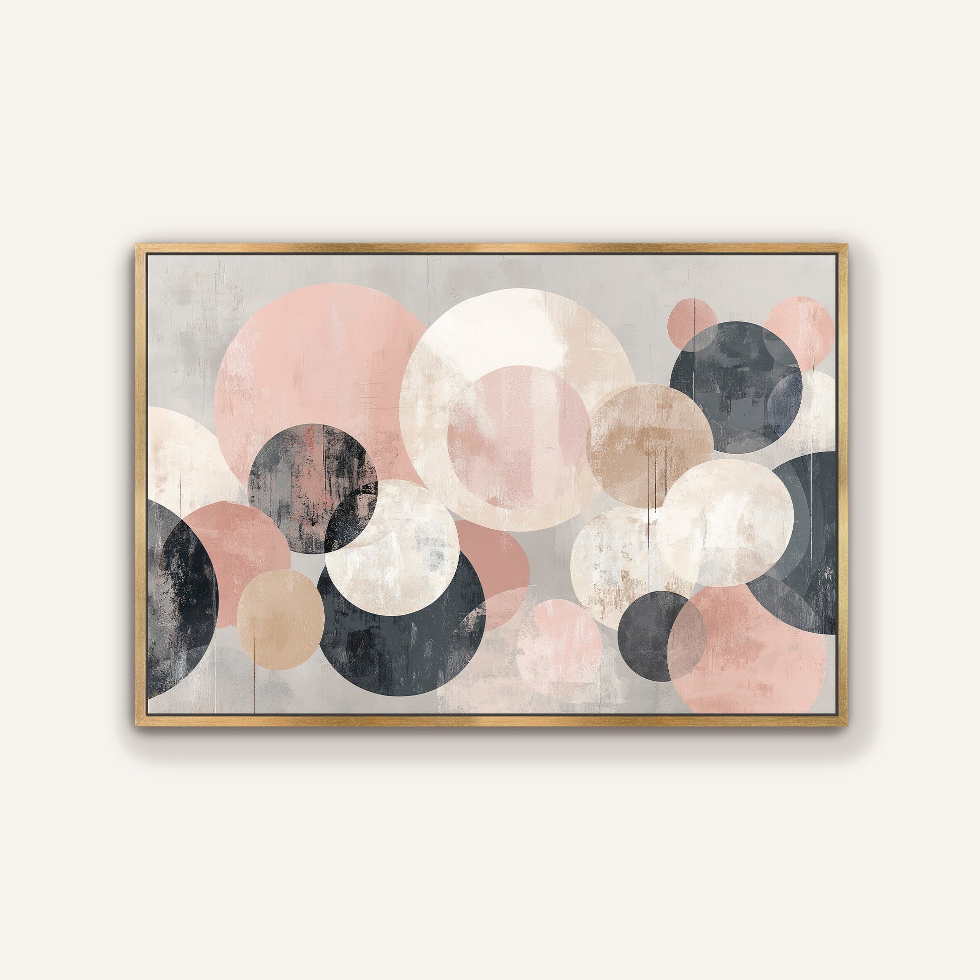 The image is a framed abstract art piece featuring a variety of overlapping circles in different shades of pink, gray, and black.