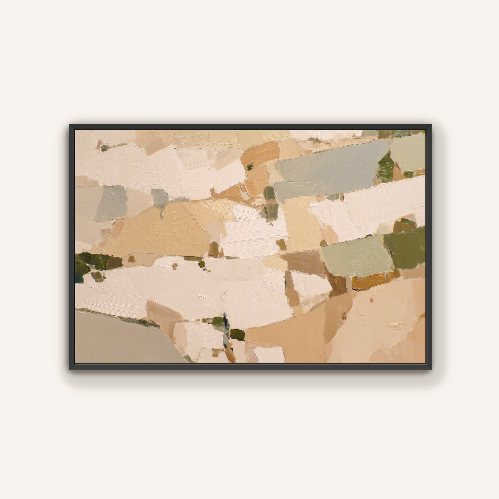 The image is a framed abstract painting with a predominantly beige and brown color palette. The painting features various shapes and textures, creating a visually interesting and dynamic composition.