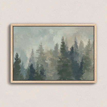 Ever Canvas Wall Art featuring misty forest scene in pine and sage tones with natural tranquility in a light wood frame