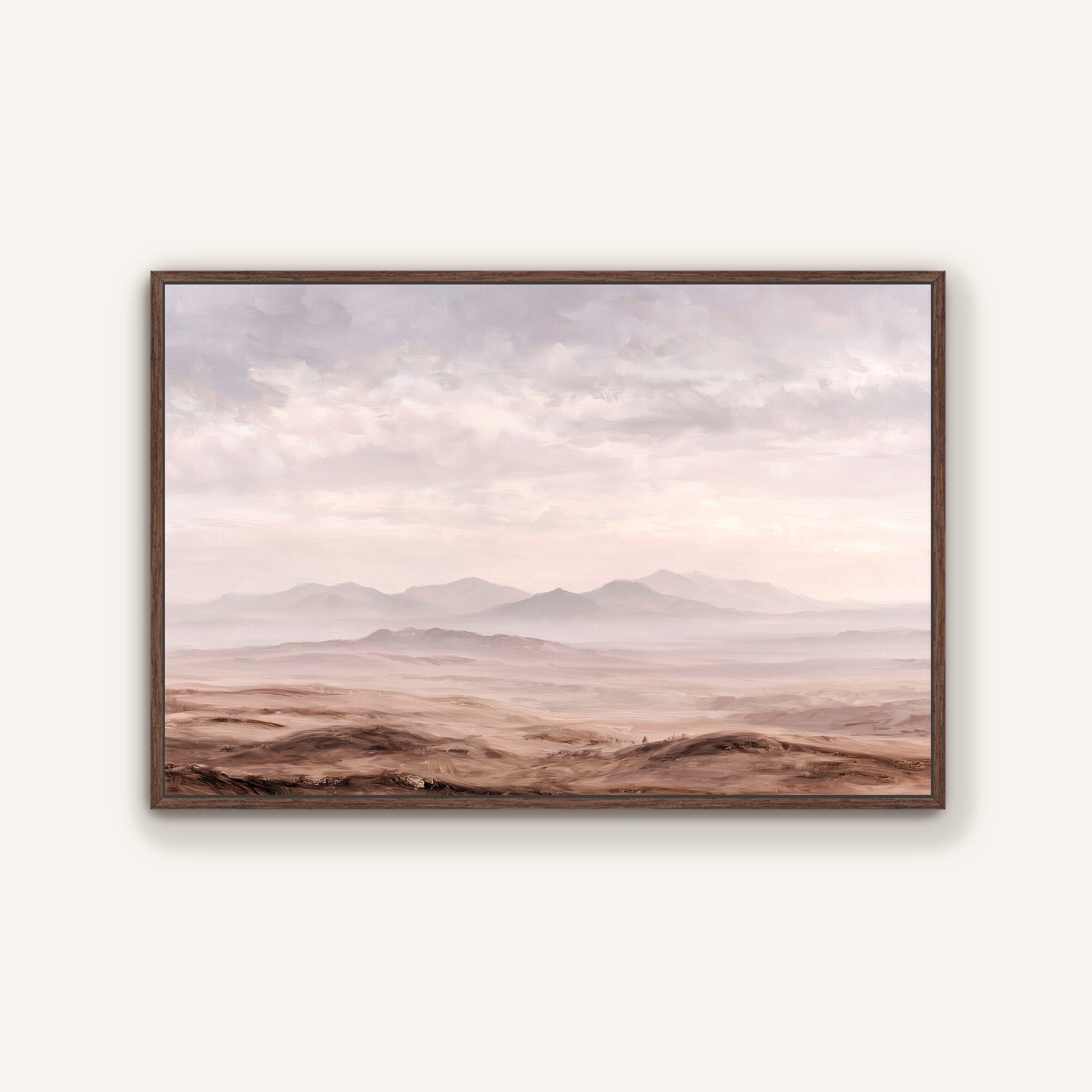 a vast, barren landscape with rolling hills and mountains in the distance, under a cloudy sky.