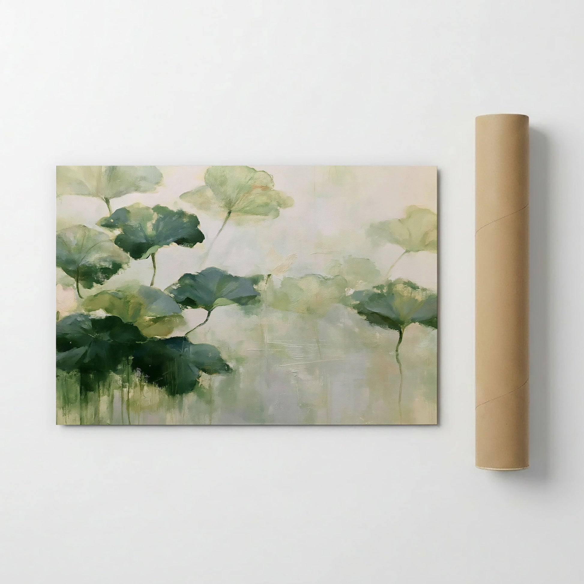 The image is a painting of green leaves on a white background.