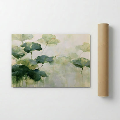 The image is a painting of green leaves on a white background.