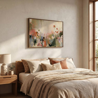 a serene and cozy bedroom with a large bed adorned with beige bedding and a framed painting of flowers hanging above it. The room has a warm and inviting atmosphere, with a window providing natural light and a lamp on a side table.