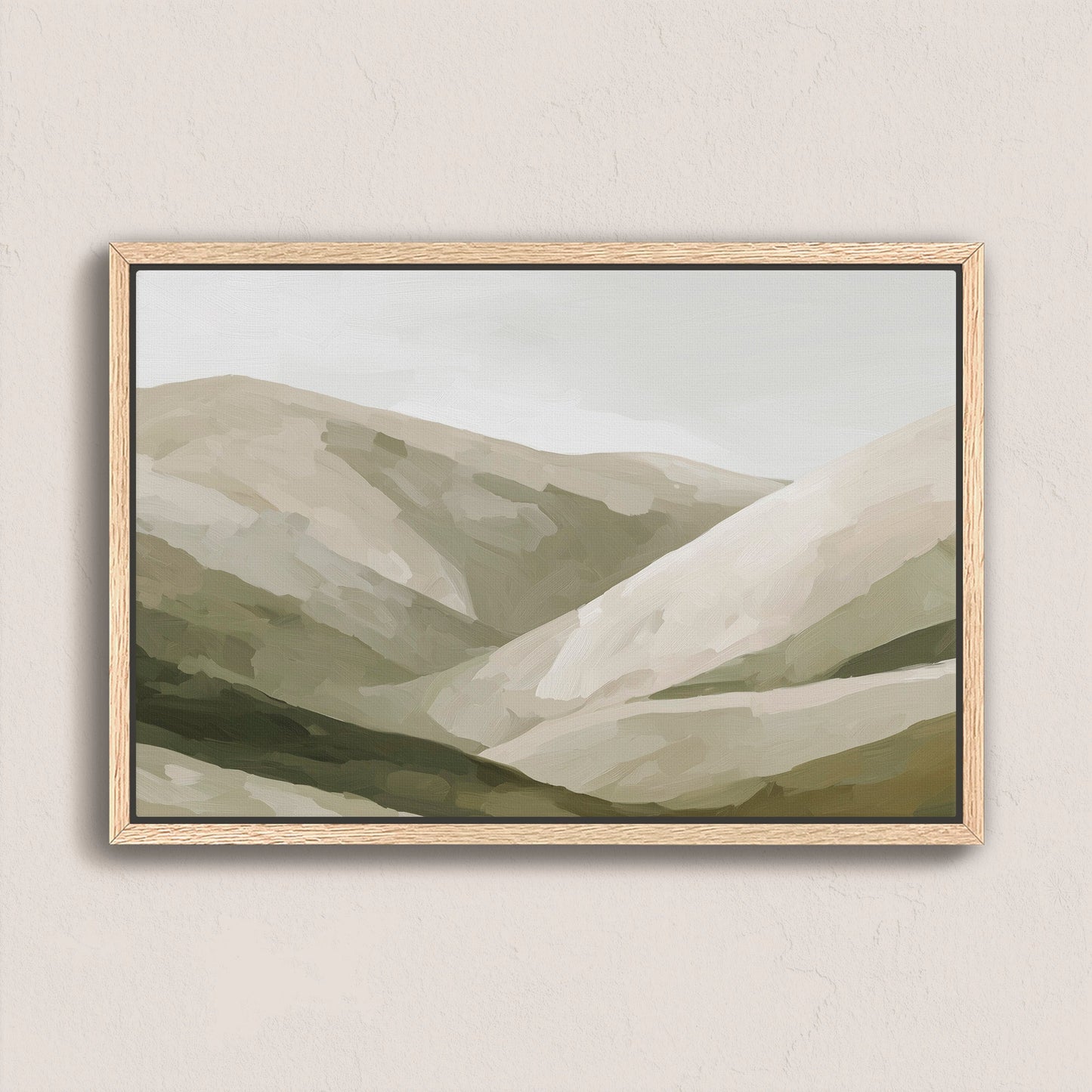 Olive Hills canvas print with soft olive, taupe, and sand layered hills in a natural wood frame