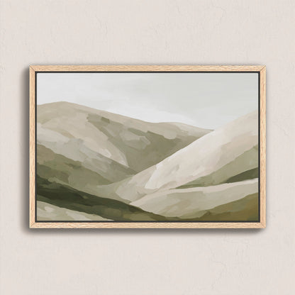 Olive Hills canvas print with soft olive, taupe, and sand layered hills in a natural wood frame