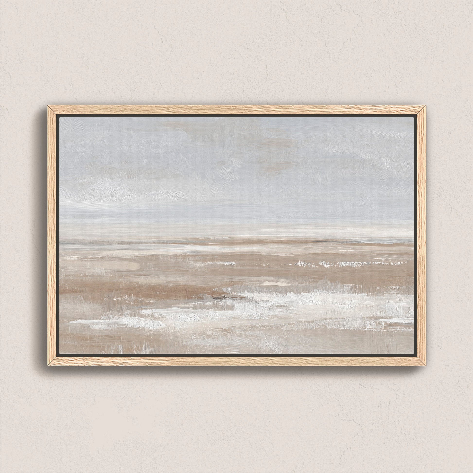 Barren Canvas Print minimalist landscape in taupe and cream tones with natural wood frame