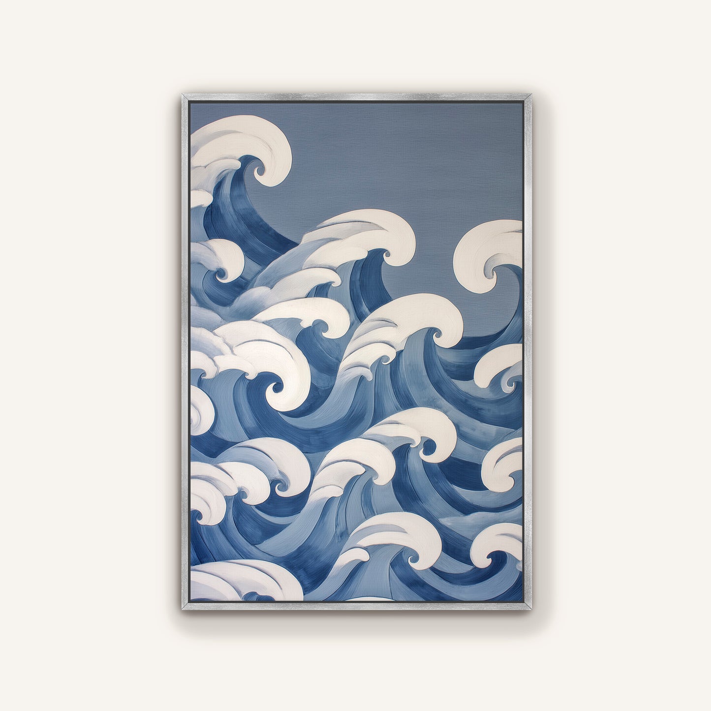 The image is a framed painting depicting a serene ocean scene with large, curling waves in shades of blue and white.