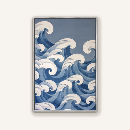 The image is a framed painting depicting a serene ocean scene with large, curling waves in shades of blue and white.