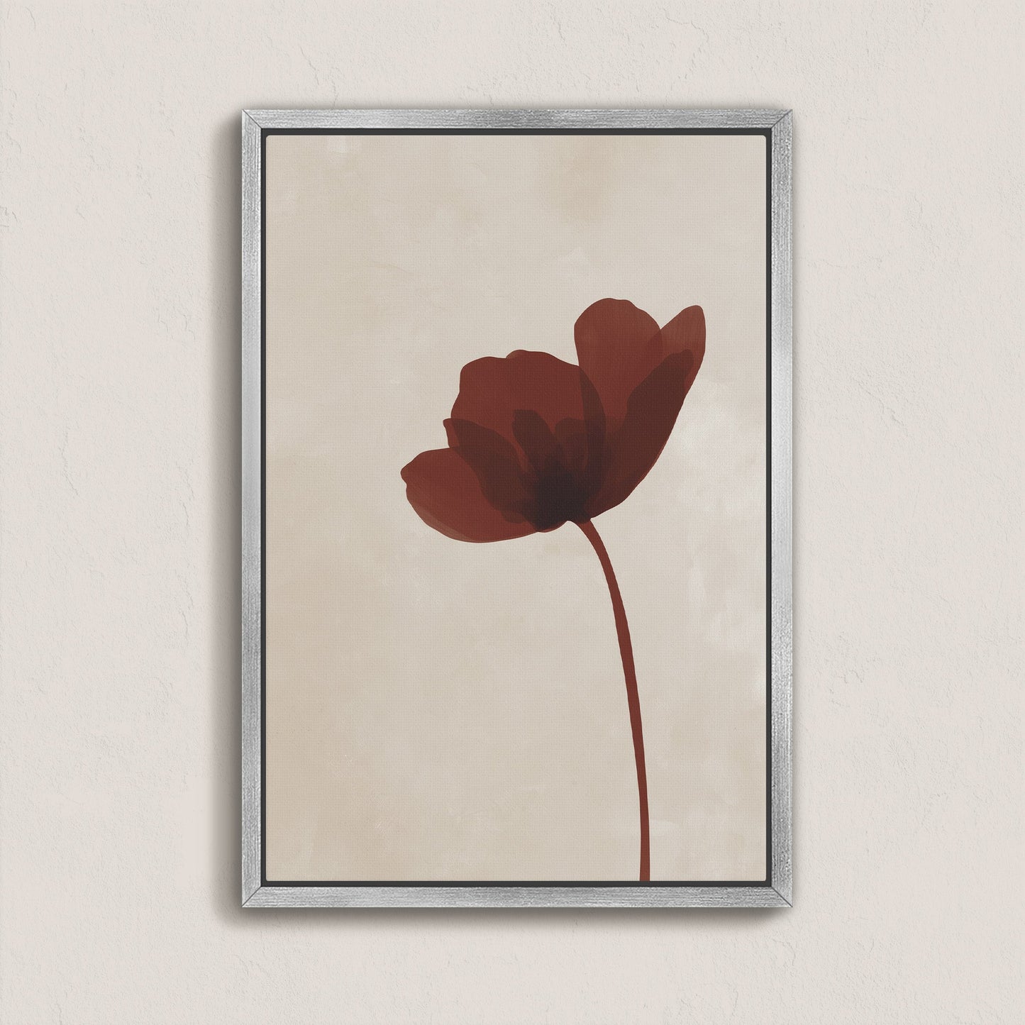 Minimalist burgundy flower on warm neutral background Stem Canvas Print in silver frame