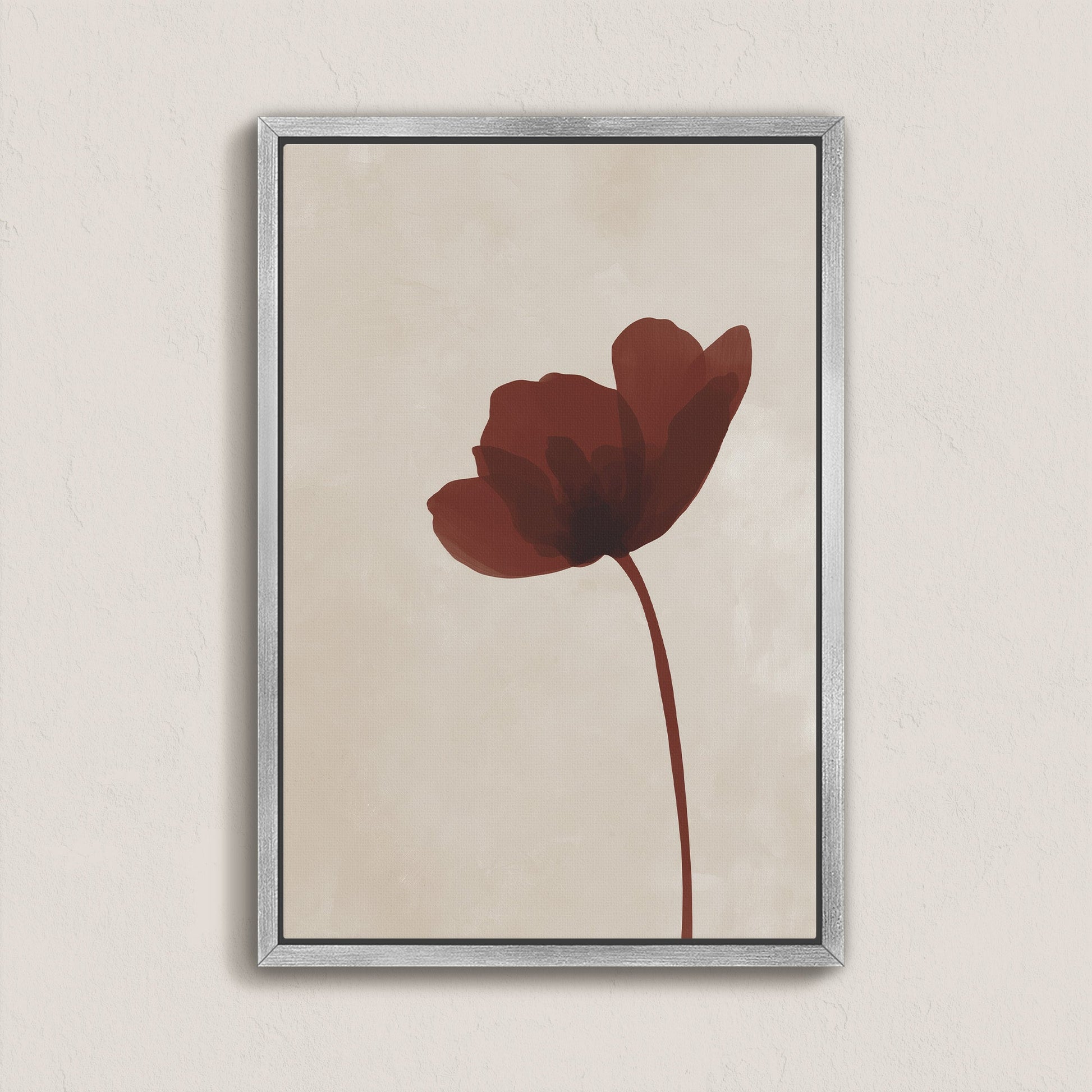 Minimalist burgundy flower on warm neutral background Stem Canvas Print in silver frame