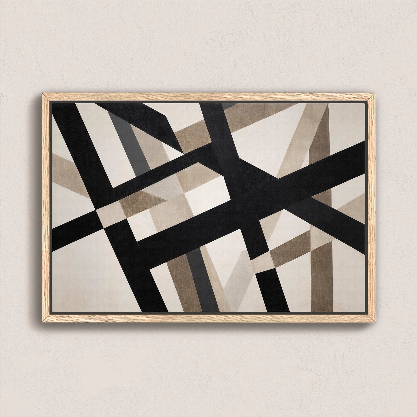 Axis Canvas Print with bold geometric lines and neutral tones in a natural wood frame, contemporary minimalist wall art