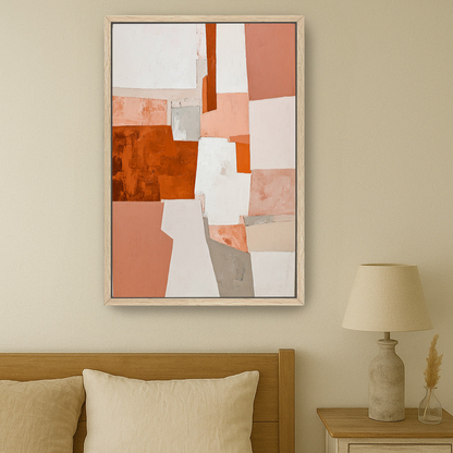 a bedroom with a large abstract painting hanging on the wall above a bed with a wooden headboard. The painting has a vibrant mix of orange, pink, and white colors. The bed is neatly made with a white comforter and two pillows. To the side of the bed, there is a nightstand with a lamp on it.