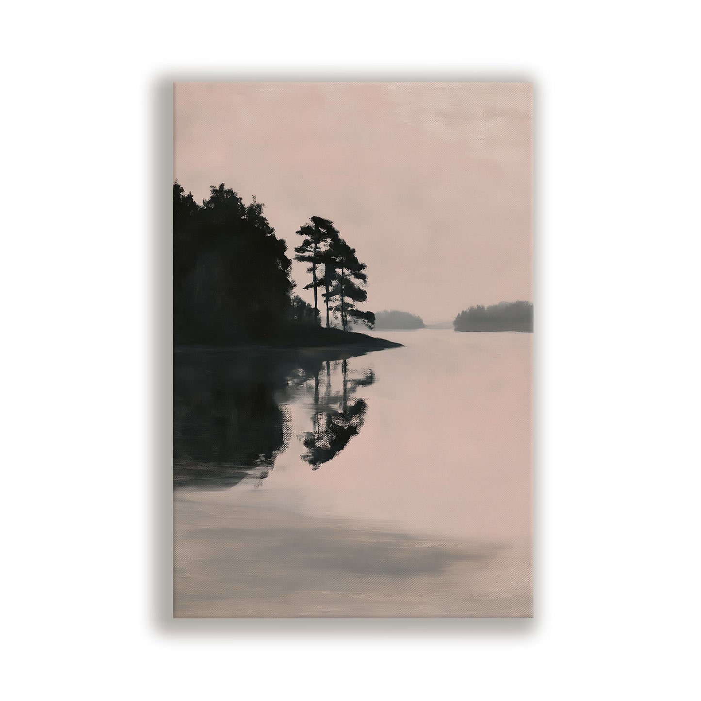 A serene landscape featuring a calm lake surrounded by trees, with the reflection of the trees on the water's surface creating a mirror image.