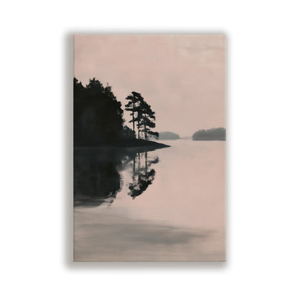A serene landscape featuring a calm lake surrounded by trees, with the reflection of the trees on the water's surface creating a mirror image.