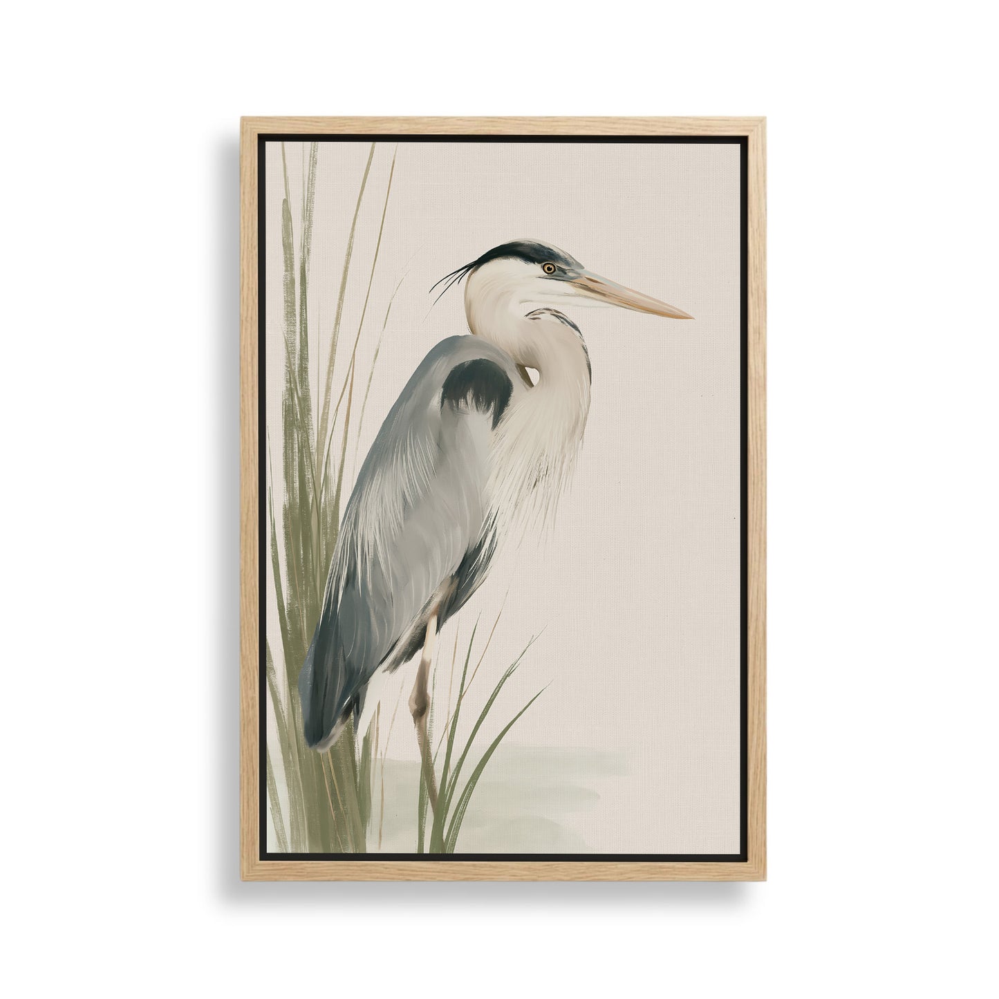 A framed painting depicting a heron standing in tall grass.