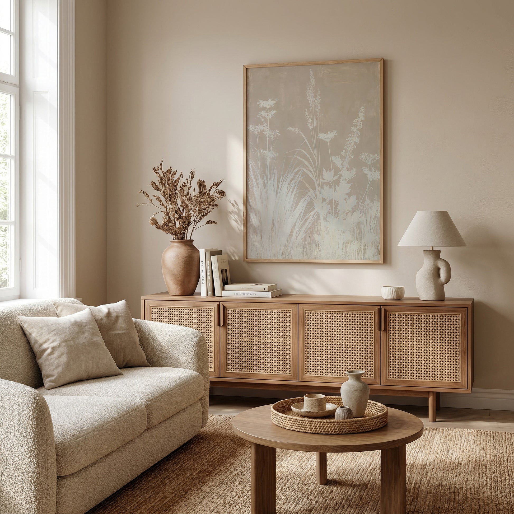 a cozy living room with a beige sofa, a wooden sideboard, and a large framed artwork featuring a floral design. The room has a warm, neutral color palette and features a large window that allows natural light to fill the space.