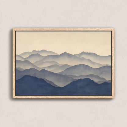 Veil canvas print of layered blue and beige mountain silhouettes in a natural wood frame