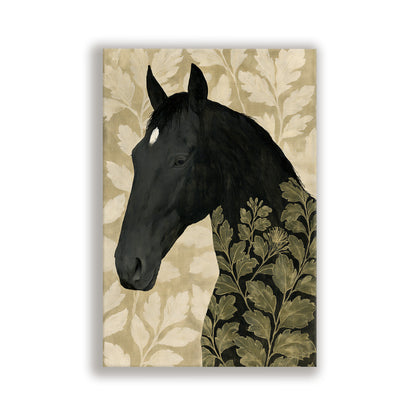 a black horse with a white blaze on its face, set against a background of leafy green foliage.