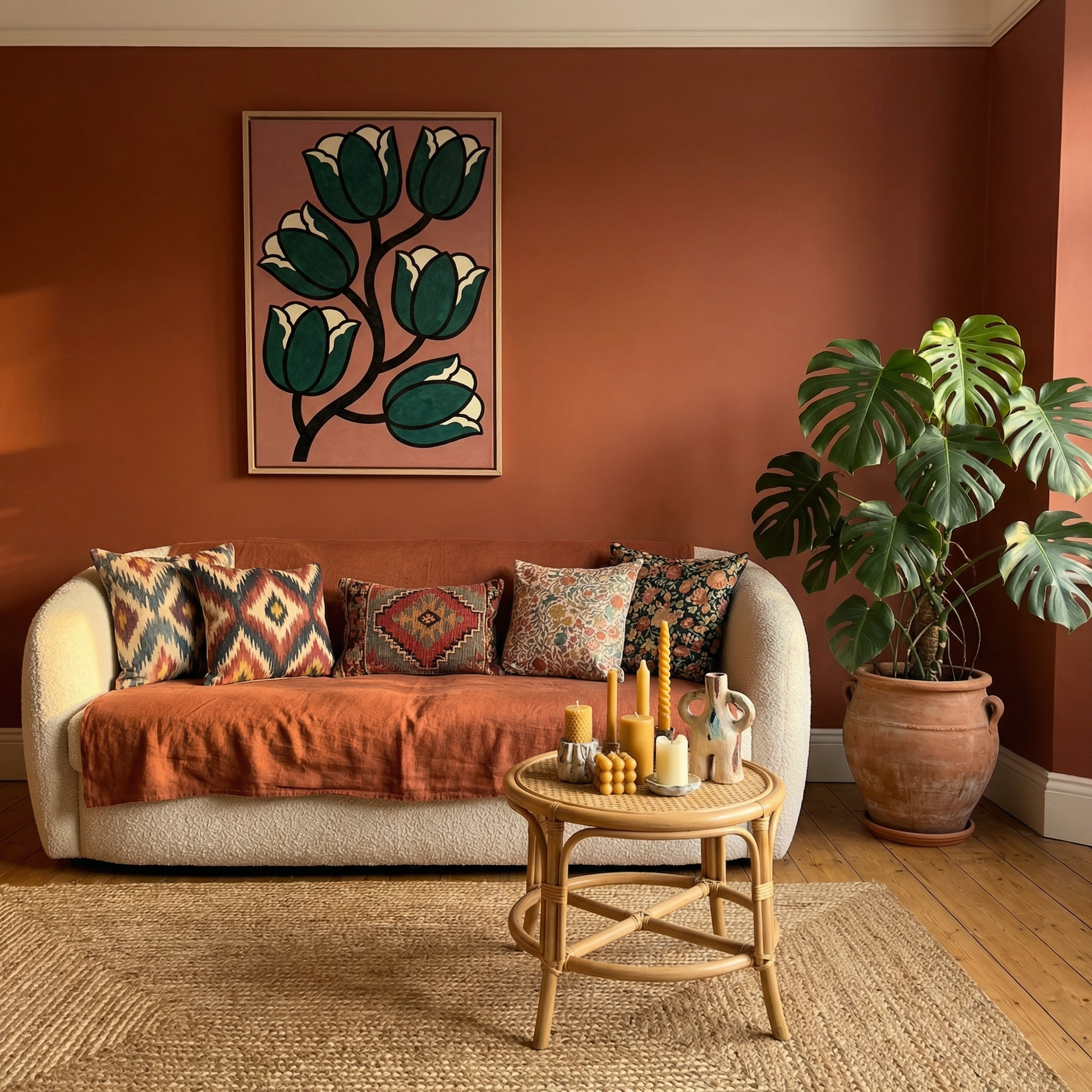 a cozy living room with a beige sofa adorned with colorful throw pillows, a wooden coffee table, and a large potted plant. A framed floral artwork hangs on the wall above the sofa, and a rug covers the floor.