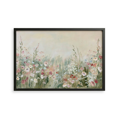 The image is a framed painting depicting a field of colorful flowers, including pink, white, and green blooms.