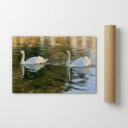 A painting of two swans swimming in a body of water, with reflections of the surrounding environment.