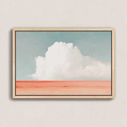Aurea Canvas Wall Art featuring a white cloud over coral desert horizon and soft blue sky in natural wood frame