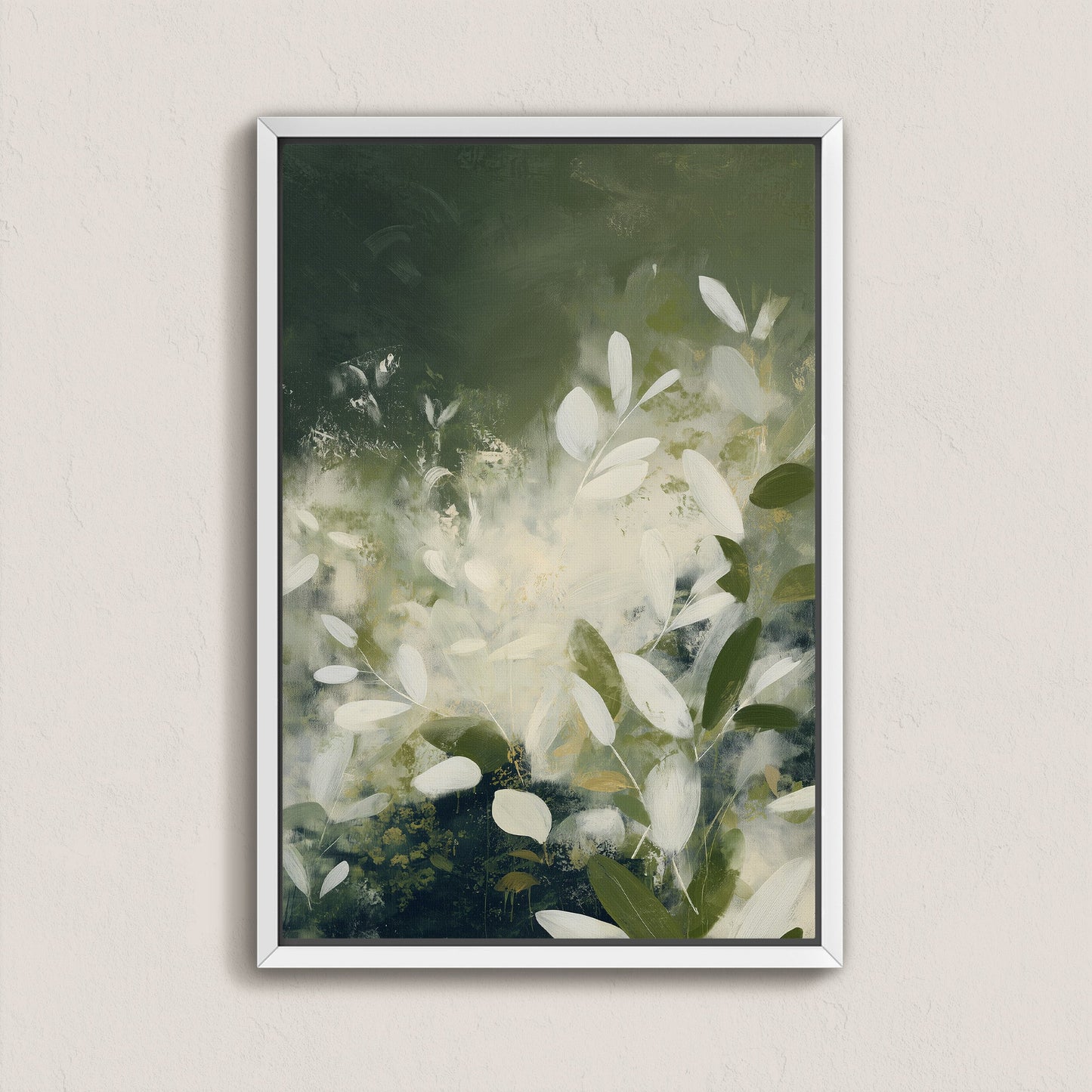Verdure canvas wall art with soft ivory leaves and deep green tones in a framed modern botanical design