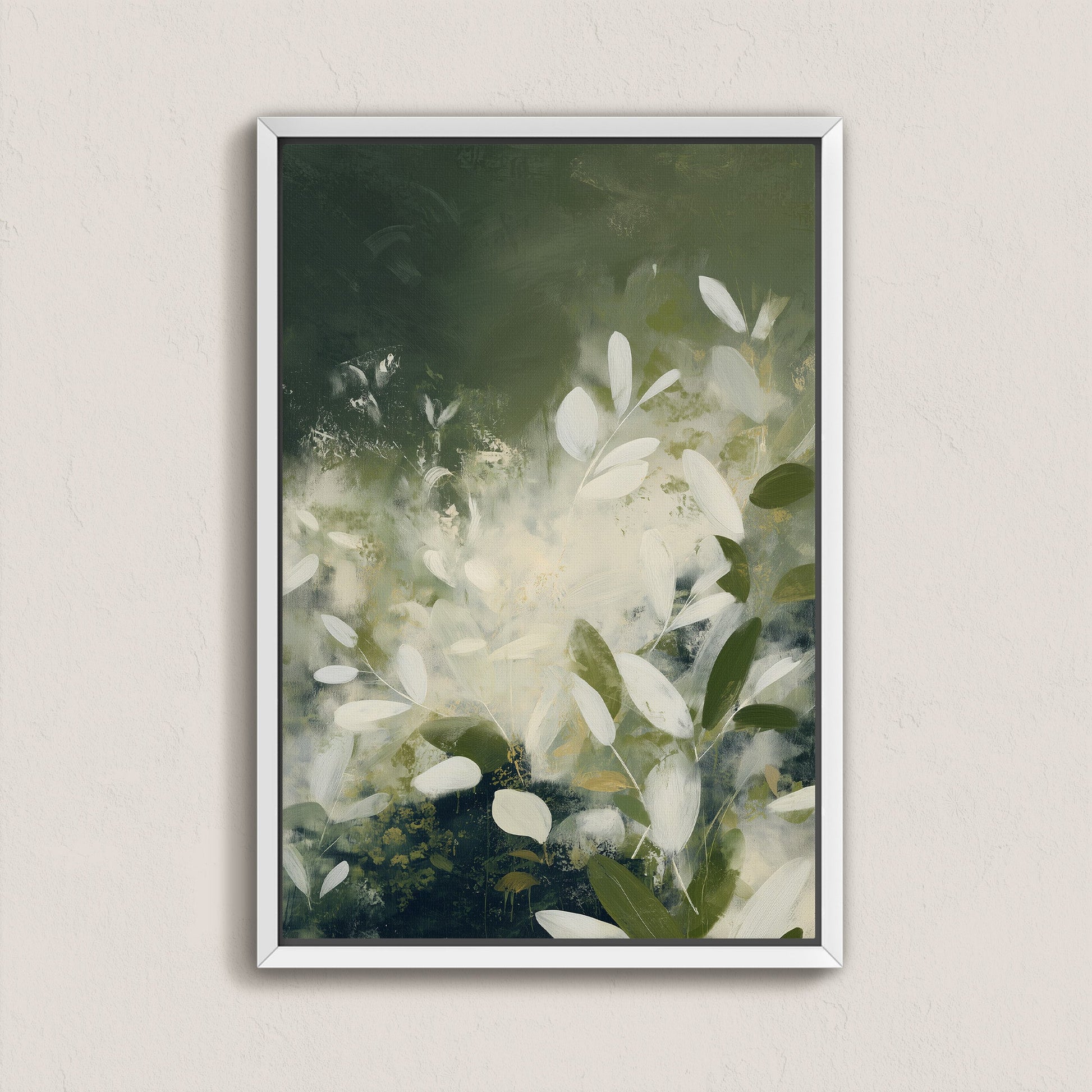 Verdure canvas wall art with soft ivory leaves and deep green tones in a framed modern botanical design