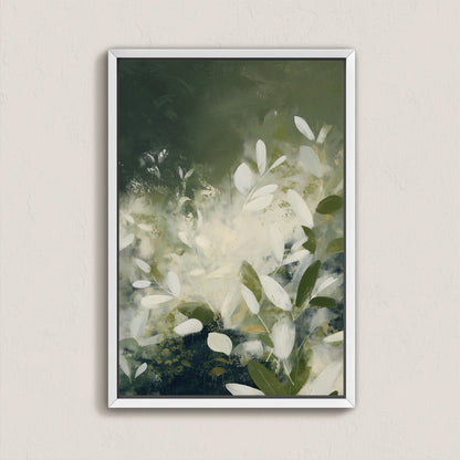 Verdure canvas wall art with soft ivory leaves and deep green tones in a framed modern botanical design