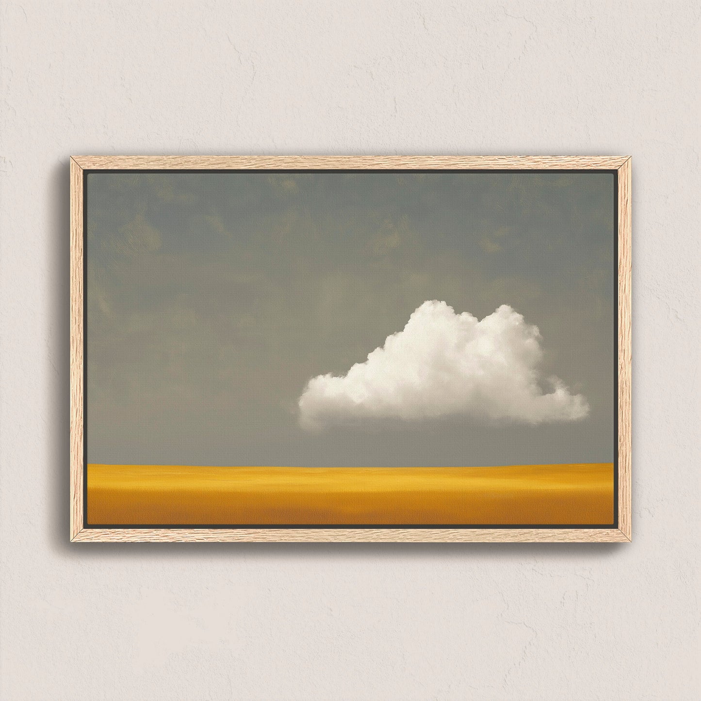 Mellow Canvas Print with single white cloud over golden plain in natural wood frame