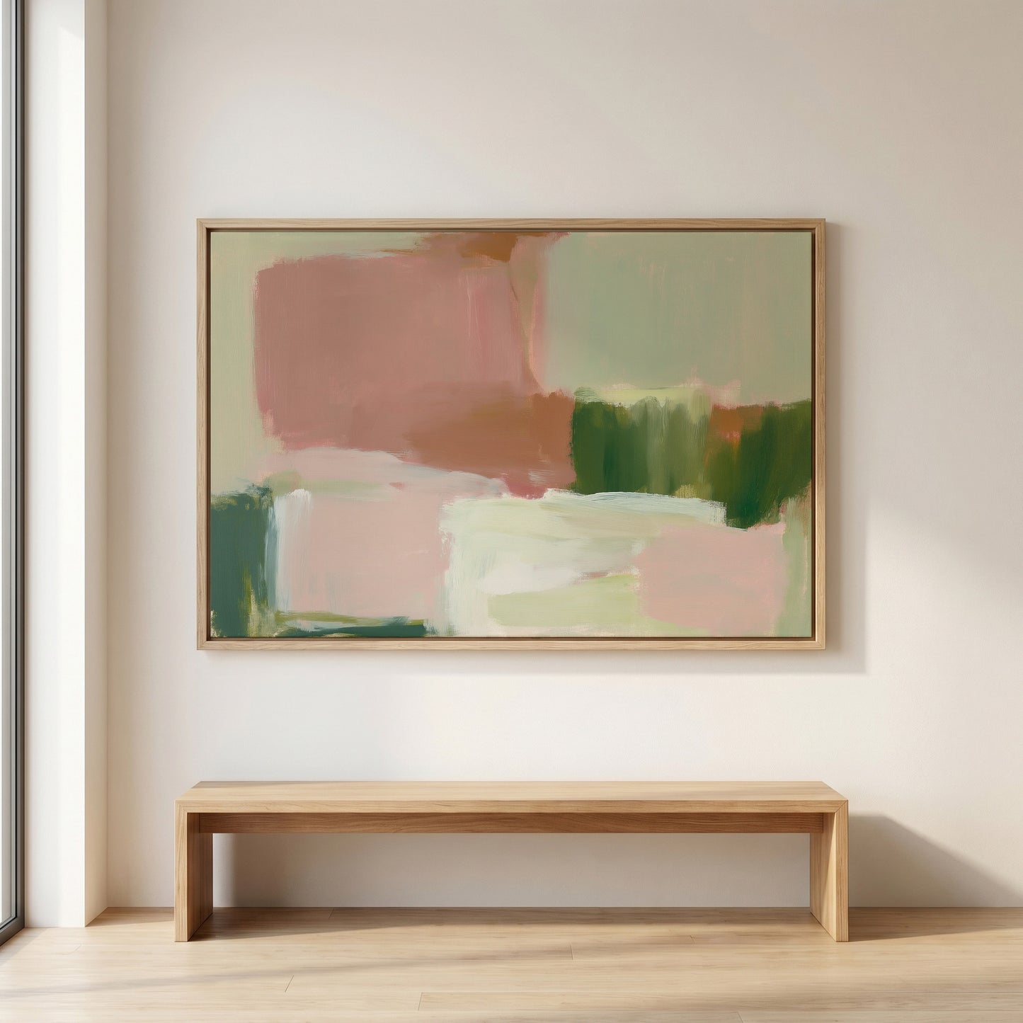 a large abstract painting hanging on a white wall above a wooden bench.