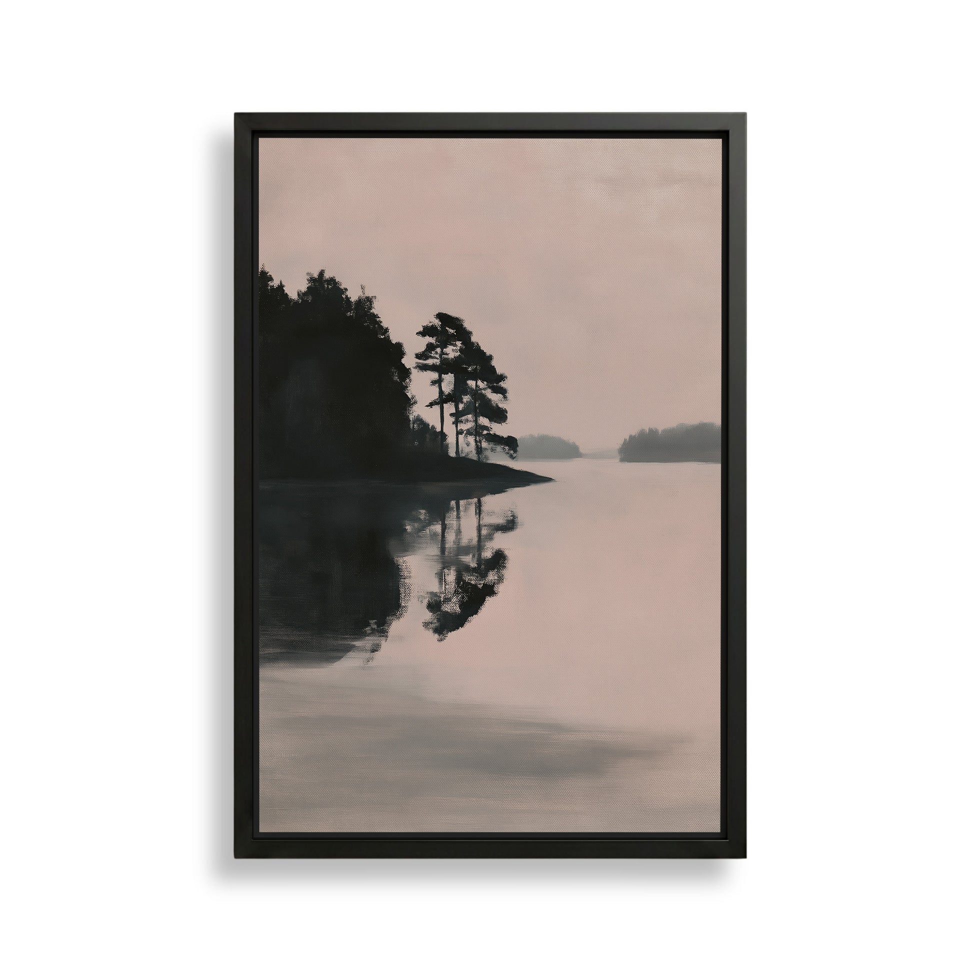 A black and white landscape painting depicting a serene lake surrounded by trees, with the reflection of the trees on the calm water surface.
