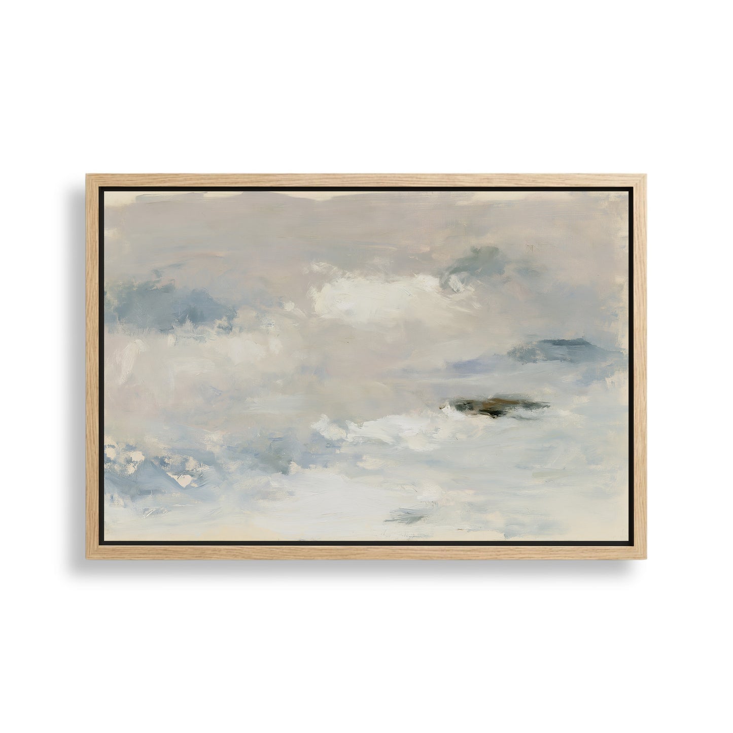 The image is a framed abstract painting depicting a cloudy sky with a sense of tranquility and serenity.