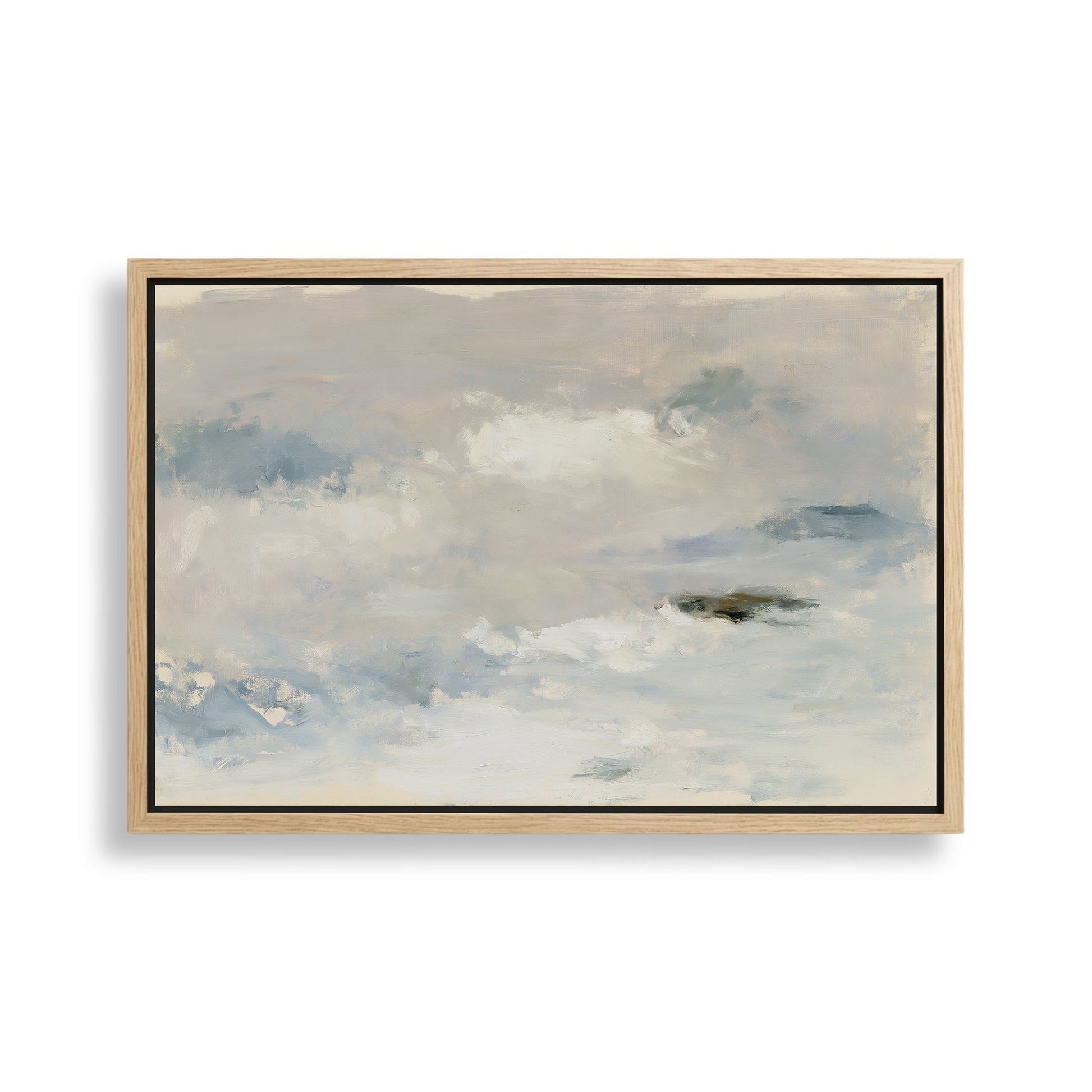 The image is a framed abstract painting depicting a cloudy sky with a sense of tranquility and serenity.