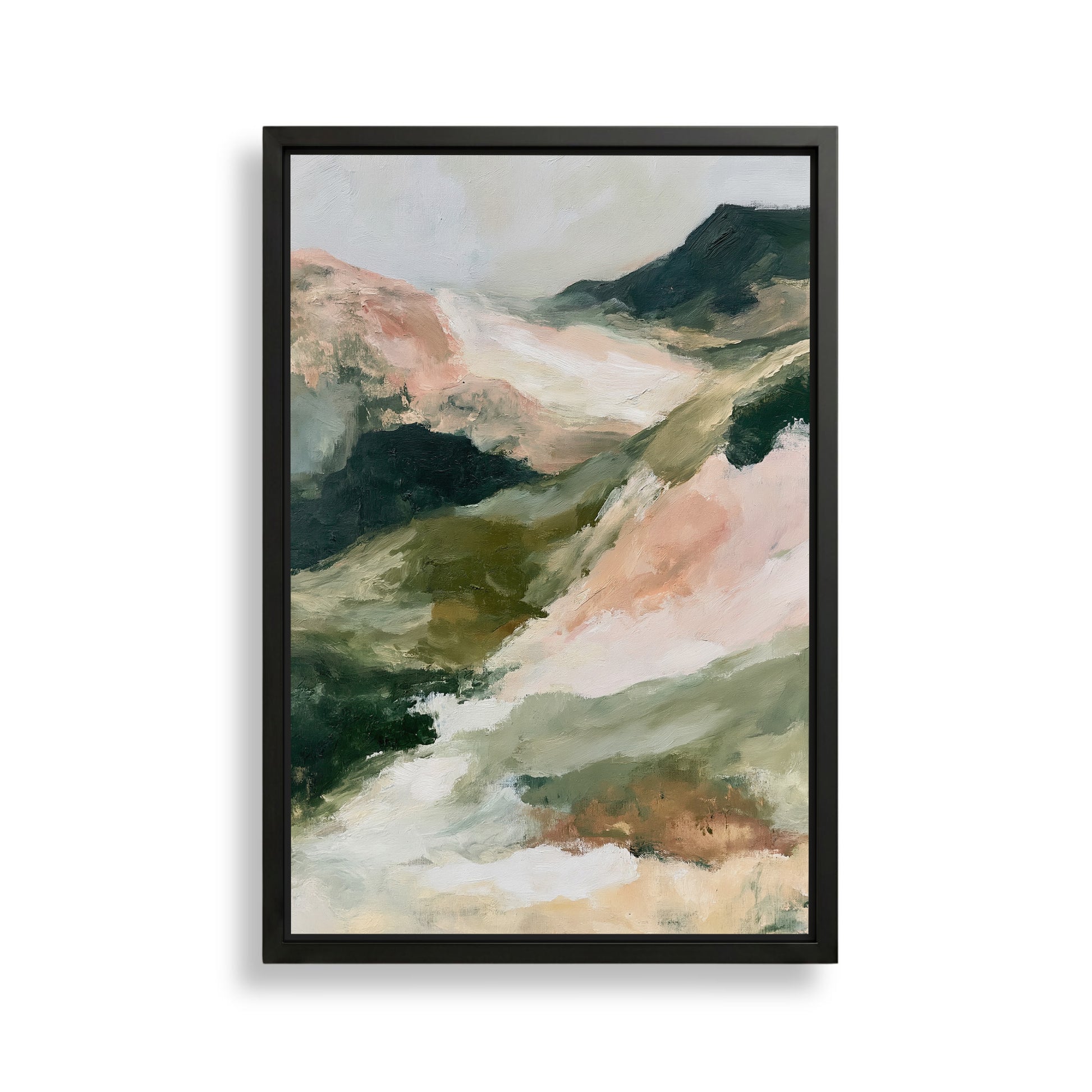 The image is a framed abstract landscape painting depicting a mountainous, mountainous terrain with a mix of green, pink, and brown colors.
