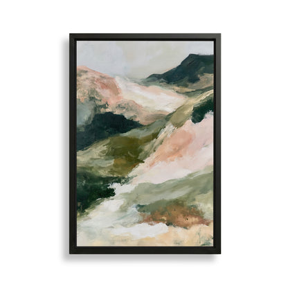 The image is a framed abstract landscape painting depicting a mountainous, mountainous terrain with a mix of green, pink, and brown colors.