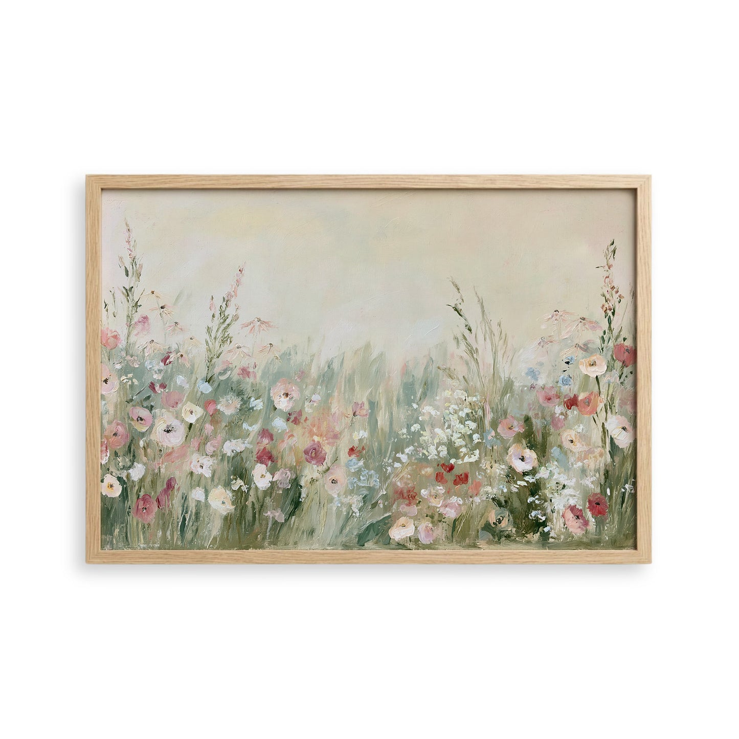The image is a painting of a field of flowers, with a variety of colors and shapes.