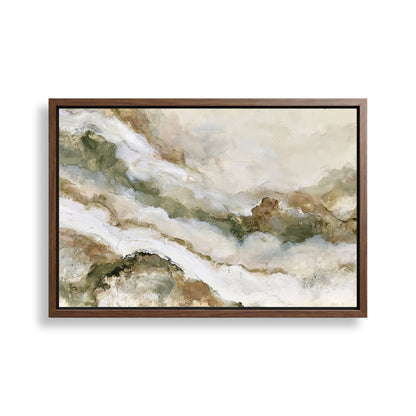 The image is a framed abstract painting with a landscape scene featuring a mountain range.
