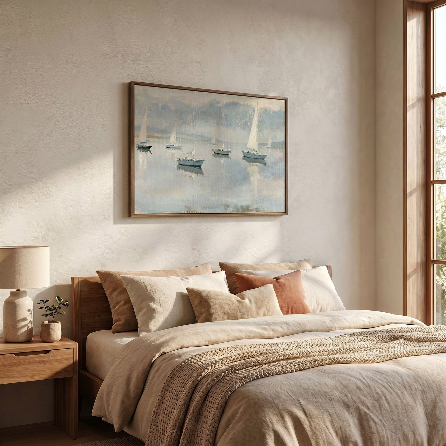 a serene bedroom scene with a large bed, a wooden nightstand, and a framed painting of sailboats on the wall.