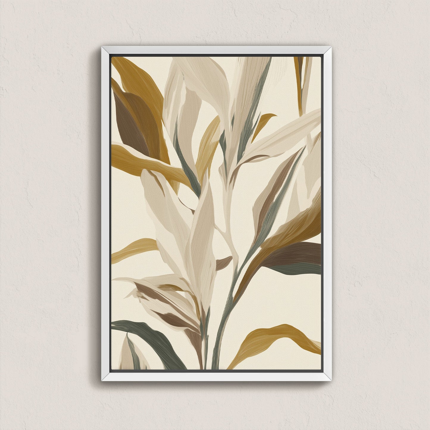 Lilt Canvas Print featuring flowing botanical leaves in earthy golds, taupes, and muted sage, framed in white for a modern minimalist wall decor.
