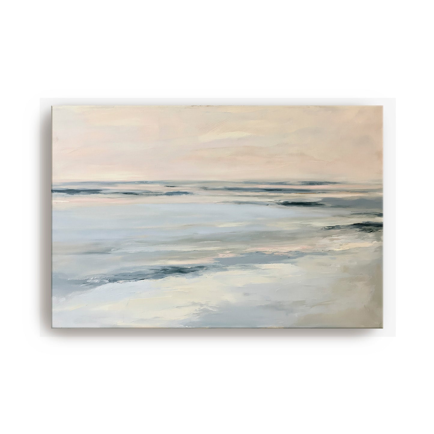 The image is an abstract painting depicting a serene landscape of a body of water, possibly a lake or ocean, with gentle waves and a hazy, pale blue sky in the background.