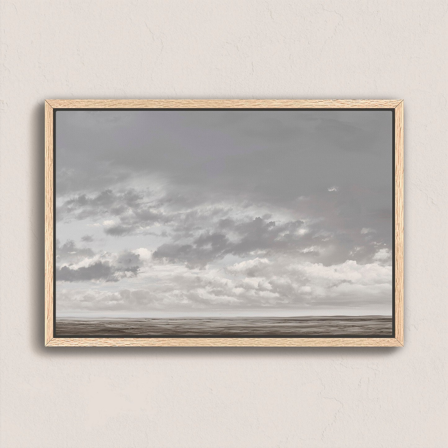 Duskfield Canvas Print with soft gray clouds over a tranquil plain in neutral tones, framed in natural wood