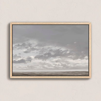 Duskfield Canvas Print with soft gray clouds over a tranquil plain in neutral tones, framed in natural wood