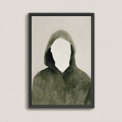 Empty Thoughts canvas print featuring a faceless figure in an olive hooded cloak, modern abstract portrait art
