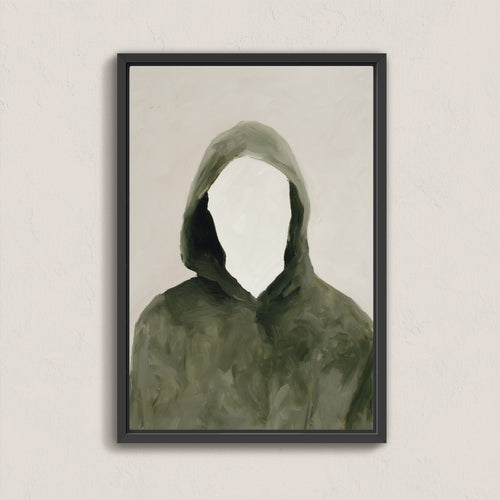 Empty Thoughts canvas print featuring a faceless figure in an olive hooded cloak, modern abstract portrait art