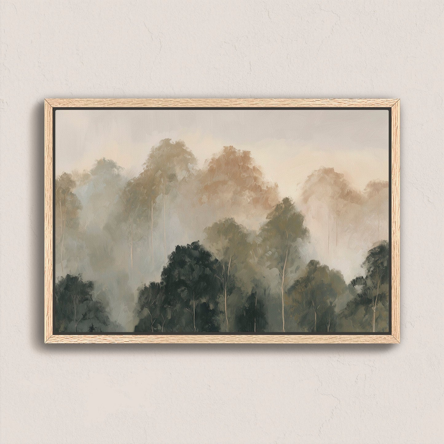 Fable canvas print featuring soft mist over layered olive and ivory treetops in a natural wood frame